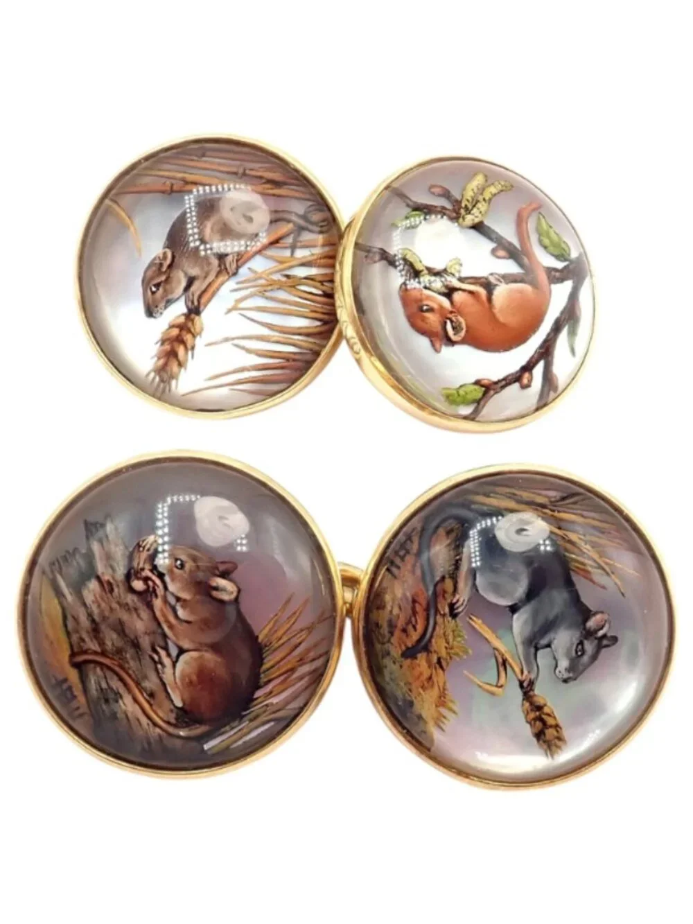 Vintage Tiffany & Co 18k Yellow Gold Essex Reverse Intaglio Field Mice Cufflinks